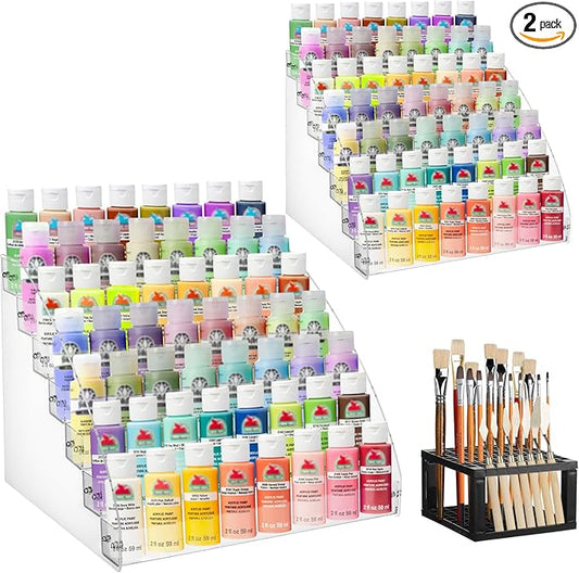 2 Pack 7 Tiers Clear Acrylic Paint Organizer with Brush Holder,paint Organizers Set Miniature Paints Holders, 7 Layers Paints Storage Rack, Craft Paint Rack