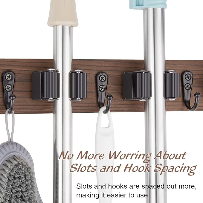 OUTNILI Mop and Broom Holder Wall Mount - Wood Broom Mop Hanger - Wall Mounted Garden Tool Rack Organizer for Closet Garage Laundry Room, Rustic Kitchen Decor With 4 Slots & 4 Hooks - Image 4