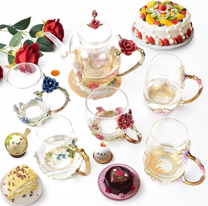 Enamel Glass Flower Tea Pot With Removable Loose Tea Leaf Infuser Tea Maker Teapot Set 30.4OZ Gifts for Women,Mom,Birthday | Tea Maker With Removable Loose Tea Leaf Infuser,Teapot Set,Heat & Cold Resistant,Shatterproof - Image 5
