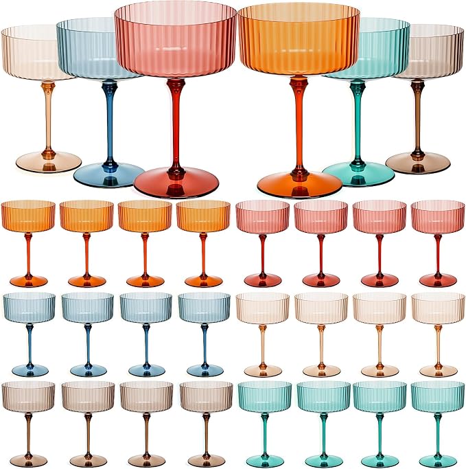 Jingmore 24 Pcs Ribbed Martini Glasses 10 oz Disposable Plastic Vintage Ribbed Coupe Glasses Unbreakable Dessert Parfait Glassware for Wedding Birthday Party Supplies (Classic Color) by Jingmore