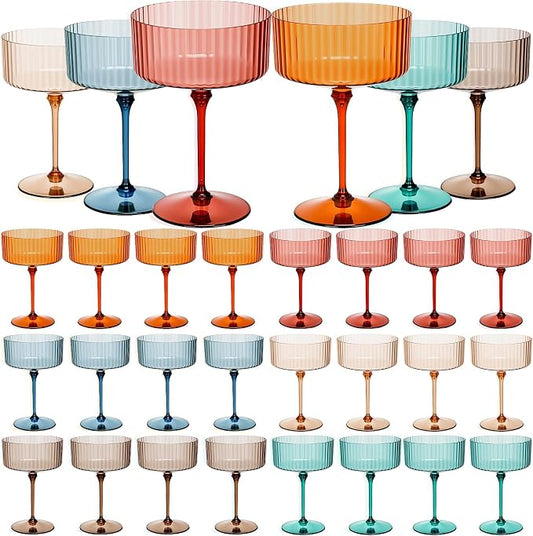 Jingmore 24 Pcs Ribbed Martini Glasses 10 oz Disposable Plastic Vintage Ribbed Coupe Glasses Unbreakable Dessert Parfait Glassware for Wedding Birthday Party Supplies (Classic Color) by Jingmore