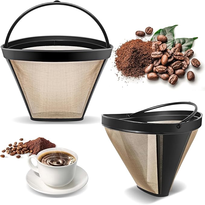 2Pcs Reusable No.4 Cone Coffee Filters, 8-12 Cup Gold Coffee Filter Basket Cone Shape Permanent Basket Filter Coffee Maker Filters for Cuisinart/Ninja Dual Brew Pro Reusable Coffee Filter