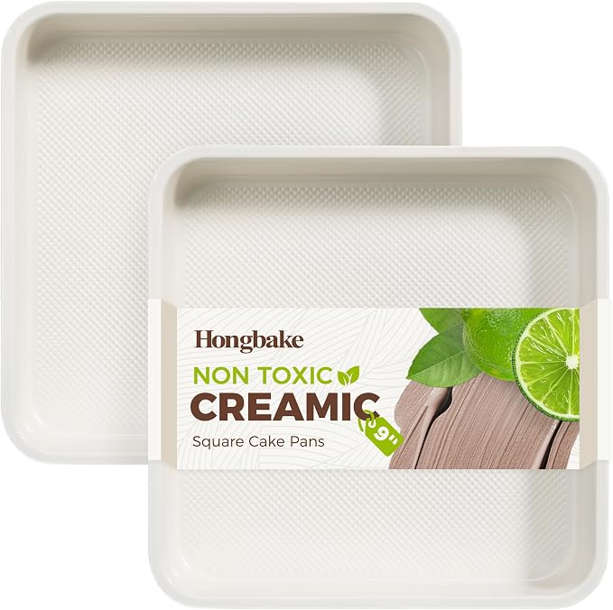 Ceramic 9x9 Baking Pan 2 Pack, Square Cake Pan with Diamond Texture, Aluminized Steel Nonstick Square Baking Pan for Brownies, Cream by HONGBAKE