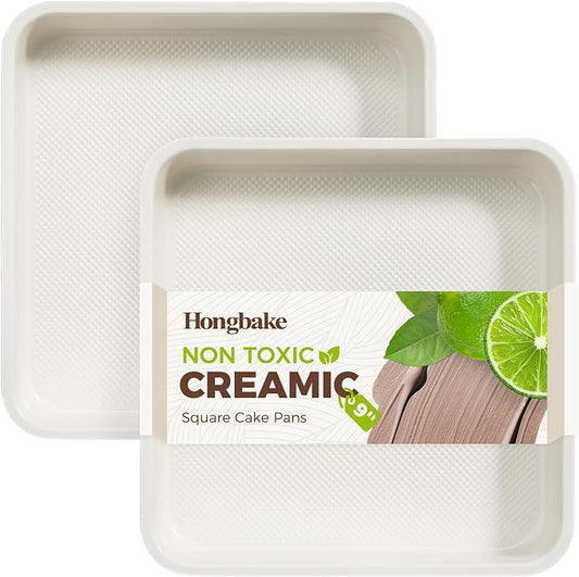 Ceramic 9x9 Baking Pan 2 Pack, Square Cake Pan with Diamond Texture, Aluminized Steel Nonstick Square Baking Pan for Brownies, Cream by HONGBAKE