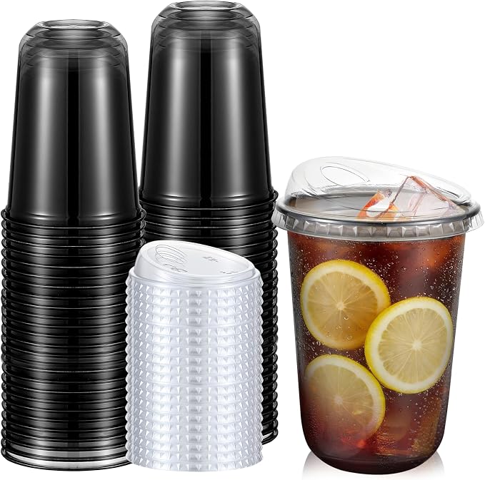 Ziliny 50 Sets Clear Plastic Coffee Cups with Sip Lids, Disposable Plastic PET Crystal Cups for Iced Coffee, Smoothie, Cold Beverage, Drink Shops and Party Catering(Clear Black,16 oz) by Ziliny