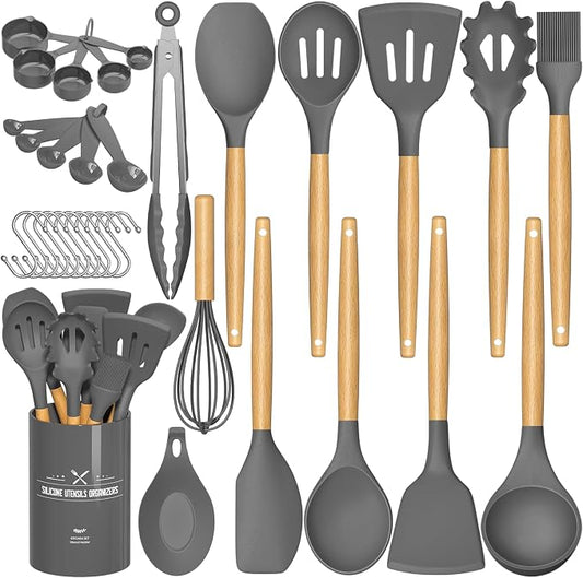 Umite Chef Kitchen Cooking Utensils Set, 33 pcs Non-stick Silicone Spatula Set with Holder, Woodle Handle Heat Resistant Gadgets Utensil (Gray) by UmiteChef