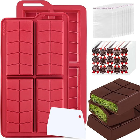 Chocolate Bar Mold 0.82inch Deep,Thick Dubai Stuffed Pistachio Silicone Molds Kit for Making Large Shapes Chocolate Filling Candy Bar with 2 Pack and 100pcs Bags and 104pcs Stickers
