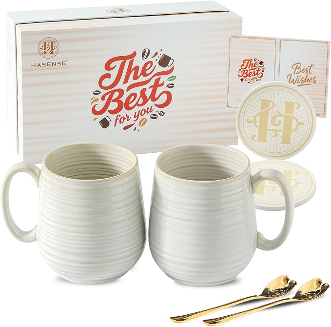 HASENSE Coffee Mugs Set of 2, 20 oz Ceramic Coffee Cups for Men and Women, Premium Large Tea Cups Gift Box with Coaster & Gold Spoon, Couple Mugs for Wedding Gift, Clay-Infused White by Hasense