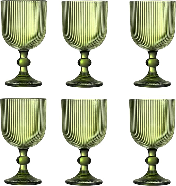 Green Vintage Wine Glasses Set of 6, 11 Ounces Colored Glass Water Goblets, Unique Embossed Pattern High Clear Stemmed Glassware Wedding Party Bar Glass Drinking Cups Fancy Glasses Vertical Line by XKXKKE