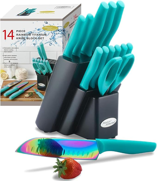 Marco Almond Knife Block Set 14PC Rainbow Kitchen Knives Set | Forged Stainless Steel,Razor Sharp,Anti-Rust,Restaurant Grade,Ergonomic Handle,Full Tang,Restaurant Grade,Gift Box by MarcoAlmond
