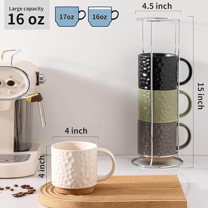 Nihow 16 Oz Ceramic Coffee Mug Set of 4 with Stackable Stand,4 color | Stackable, Stainless Stand Included, Cappuccino & Tea, Hot/Cold Drinks, Dishwasher & Microwave Safe - Image 2