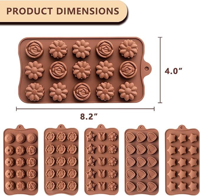 6 Pcs Silicone Chocolate Mold Set - Food-Grade Non-Stick Candy Molds Cookery Moulds for Chocolate, Candy, Jello, Soap & Crayon - Flower Shapes