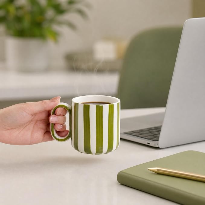 Ceramic Coffee Mugs Set of 4, 8.5 oz Stoneware Coffee Cups with Handle | Small Aesthetic Green Stripe Latte Tea Mug for Latte Tea Hot Chocolate, Microwave and Dishwasher Safe (8.5 oz) - Image 7