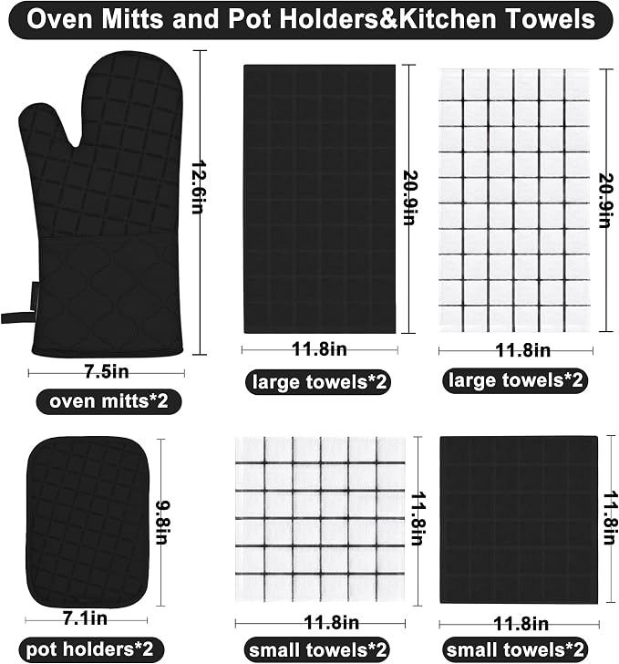 Oven Mitts Kitchen Towels and Dishcloths Pot Holders Sets, Oven Gloves Kitchen Dish Towels 500 Degree Heat Resistant Potholders with Non-Slip Silicone Surface for Cooking, Grilling, Baking-Black - Image 2