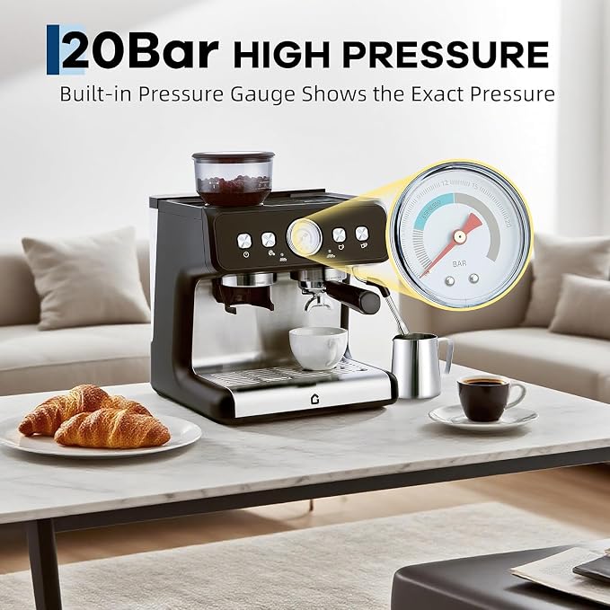 Espresso Machine with Grinder, 20 Bar Semi Automatic Espresso Maker with 30-Setting Precision Coffee Grinder & Steam Wand, 1450W Coffee Machine with 2.8L Water Tank for Home - Image 3