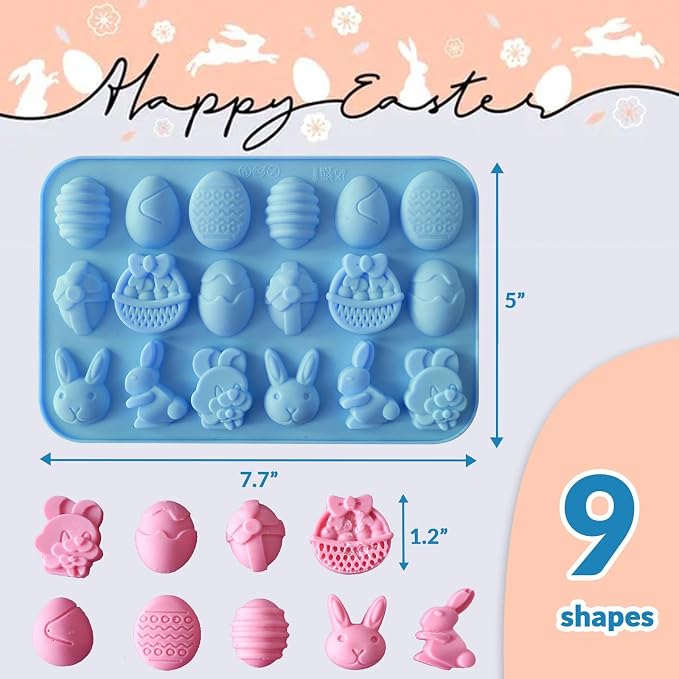 HKNMTT Easter Silicone Candy Mold 2-PACK 9 Shaped Egg Rabbit 72 Cavities Chocolate Mould Wax Melt Tray for Gummies Cupcake Decor Kids Holiday Gift Fudge Making Set - Image 4