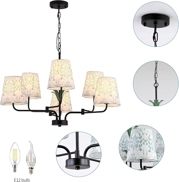 Black Chandeliers with White Fabric Shade, Farmhouse Green Plants Chandelier for Dining Room, Linear Island Lighting Fixture for Kitchen, Industrial, Foyer, Entryway, Living Room,Nature - Image 7