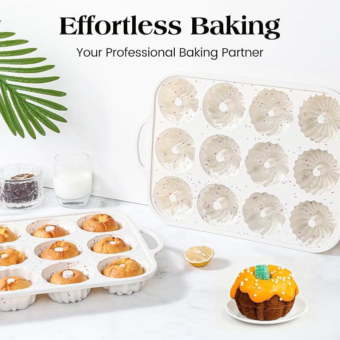 Vinino 3 Inch Mini Fluted Cake Pan, 2 Pack with Metal Frame | 4 Shapes 12 Cavity Mini Cake Mold Set for Batch Baking, Flan, Jello, Pudding, Brownies & Desserts - Image 7