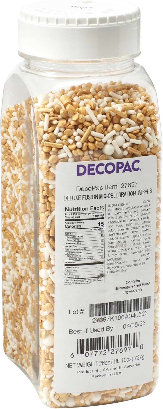 DecoPac Gold Celebration Wishes Fusion Mix Sprinkles, 26oz, Shaped Candy Sprinkles in Handheld Container, Edible Decorations For Celebration Cakes, Cupcakes, Cookies and Donuts by Decopac