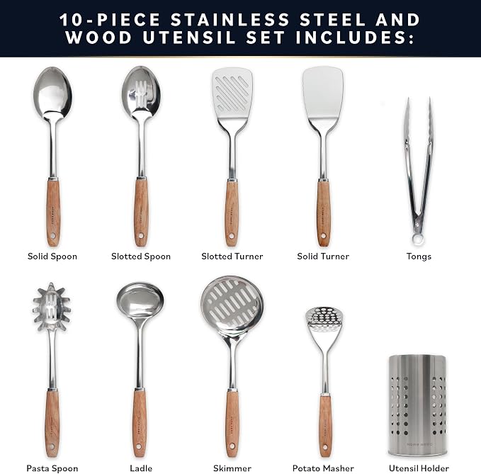 Home Hero 10-Piece Stainless Steel Kitchen Utensil Set with Wooden Handle | Ergonomic Wood Handle Stainless Steel Kitchen Utensils - Rust-Resistant, Nonstick Safe with Storage Holder (10-Piece) - Image 3