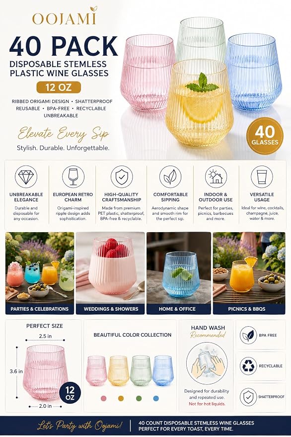 40 Pack Disposable Stemless Plastic Wine Glasses 12 oz - Origami Ribbed Shatterproof Reusable BPA-Free Recyclable Unbreakable Cocktail Cups, Champagne Wedding Birthday Party, Oojami (Color Collection) - Image 3