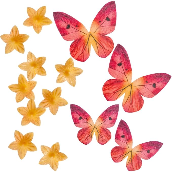Decor - Edible Wafer Decorations Blister Yellow Mini Flowers and Red Butterflies - 39 Pieces for Decorating Cupcakes and Cakes for Every Occasion by Dekora