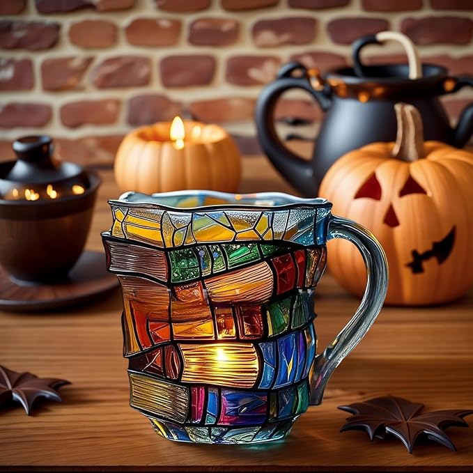 3D Painted Glass Mug Colorful Ceramic Coffee Cup 12oz, Hand-Painted Vintage Style Mug for Readers, Book Lovers, Women, Gift for Birthday or Office Use