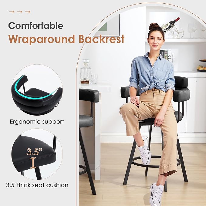 Flouki Swivel Bar Stools with Backs and Arms, Modern Faux Leather Counter Stools Set of 4 for Kitchen Island, 26" Upholstered Counter Height Bar Stools for Kitchen Counter, Dining Room, Black - Image 3