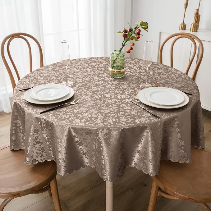 Smiry Round Waterproof Heavy Duty Vinyl Tablecloths, 60 x 60 Inch | Wipeable Washable Floral Embossed Table Cover for Kitchen and Dining Room, Indoor & Outdoor Use, Taupe by Smiry