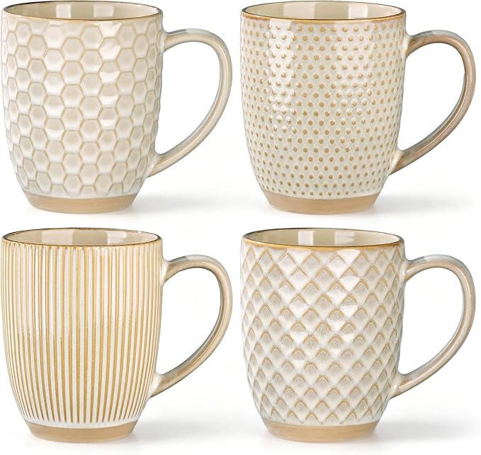 GBhome Large Coffee Mugs Set of 4, 16oz Handmade Embossed Coffee Mugs Set with Large Handle for Cappuccino/Latte/Tea/Hot Cocoa, Dishwasher & Microwave Safe, Khaki by GBhome