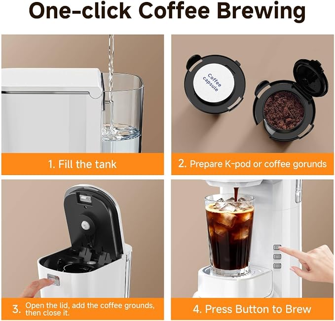 Coffee Maker, Single Serve Brewer for K Pods & Ground-White | 2 in 1, 6-24oz and 2-4 Mins Rapid Brew, Compact Coffee Machine for Kitchen Office RV Camping - Image 5