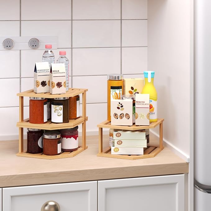VERTORGAN 2 Tier Bamboo Corner Shelf 3 Pack Plate Organizer Kitchen | Pantry Storage,Dish Rack,Spice Rack,Corner Organizer,Kitchen Counter Shelves,Kitchen Storage,Holds Plates - Image 5