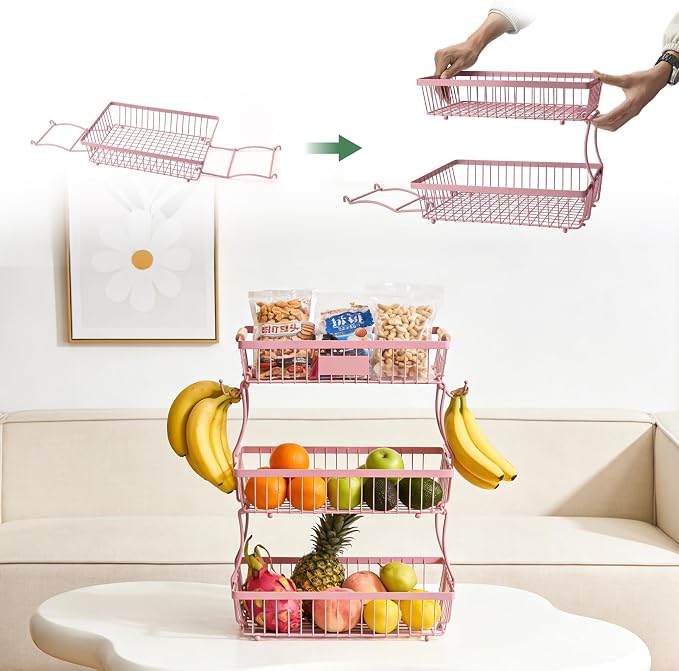 3 Tier Fruit Basket with 2 Banana Hangers, Mesh Basket Fruits Stand Produce Holder Organizer for Onion Potato Bread Snack Veggie Pink - Image 3