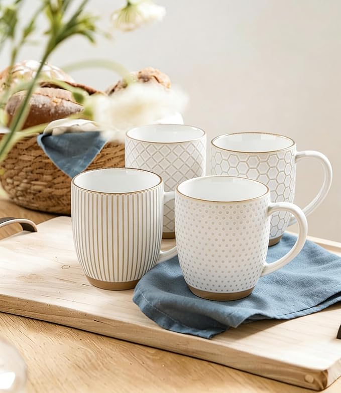 GBhome Large Coffee Mugs Set of 6, 16oz Handmade Embossed Coffee Mugs Set with Large Handle for Cappuccino/Latte/Tea/Hot Cocoa, Dishwasher & Microwave Safe, Off White - Image 6