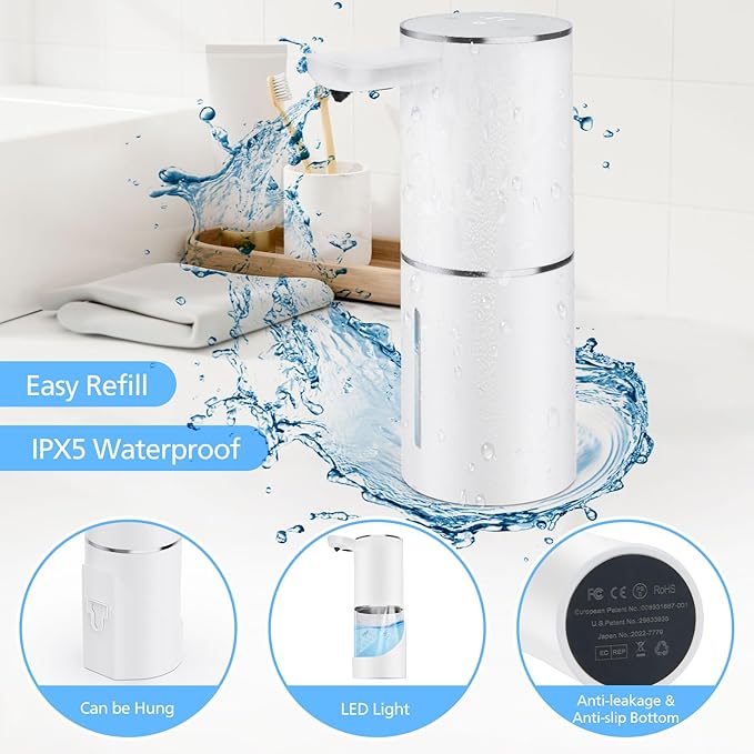 Automatic Foaming Soap Dispenser Touchless, 15.55 oz/460mL USB C Rechargeable Hand Sanitizer Dispenser with Auto Clean, 5 Adjust Volume,°C&℉ display, Waterproof Pump for Bathroom Kitchen (White)