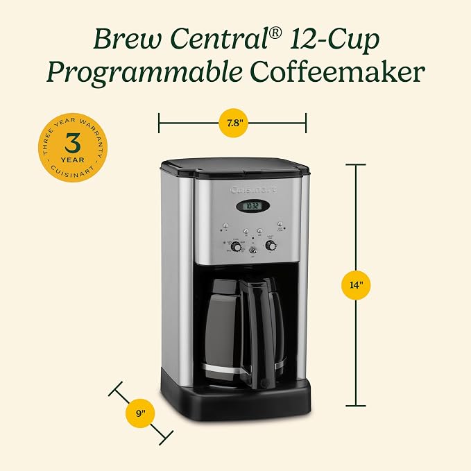 Cuisinart DCC-1200P1 Brew Central 12-Cup Programmable Coffeemaker Coffee Maker, Carafe, Brushed Chrome | Brew Central coffee machine & coffee pot with 1-4 cup settings, auto-off & built-in charcoal water filter, DCC-1200P1 - Image 7