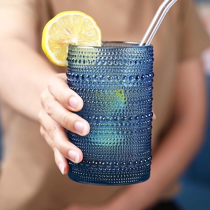 KMIGRUAN Large Hobnail Drinking Glasses Set of 6, 15oz Blue Vintage Glassware, Embossed Glass Cups, Water Tumbler, Highball Glasses For Beer, Juice And Various Mixed Drinks - Image 3