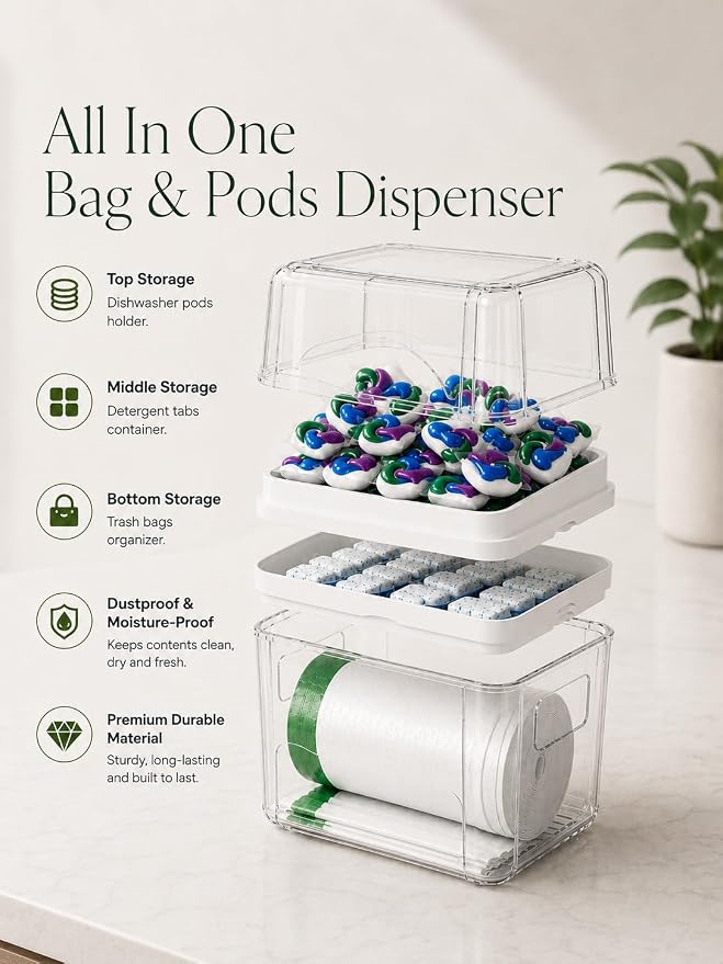 Trash Bag Dispenser & Dishwasher Pods Organizer, Clear Acrylic Garbage Bag Holder Under Sink Organizer With Removable Lid, Laundry Pods Container for Kitchen Pantry Laundry Room (3IN1 Dispenser) - Image 2