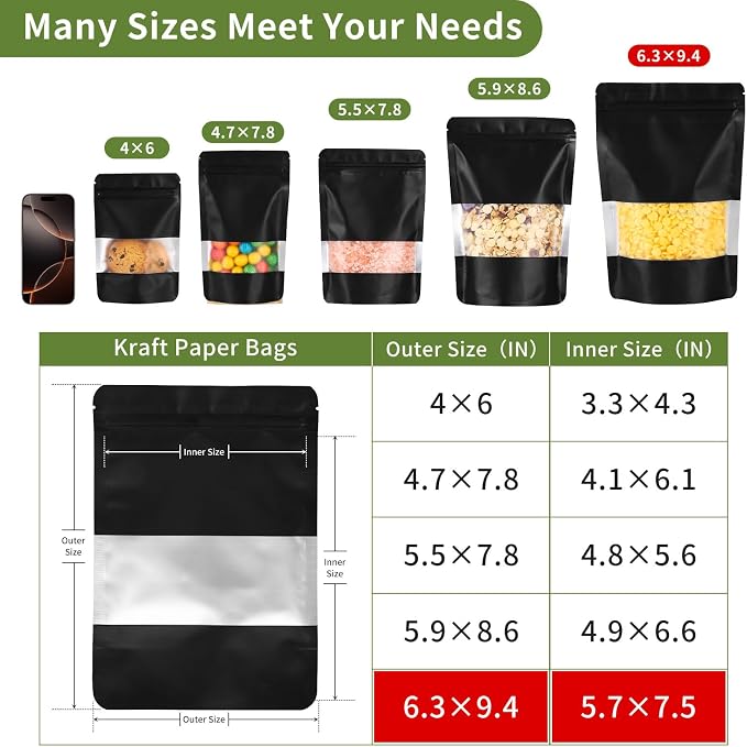 Motomy 100Pcs 6.3x9.4 Inch Stand Up Pouches Black Mylar Bags | Zipper Food Storage Coffee Snacks Baked Food Packaging for Small Business - Image 2