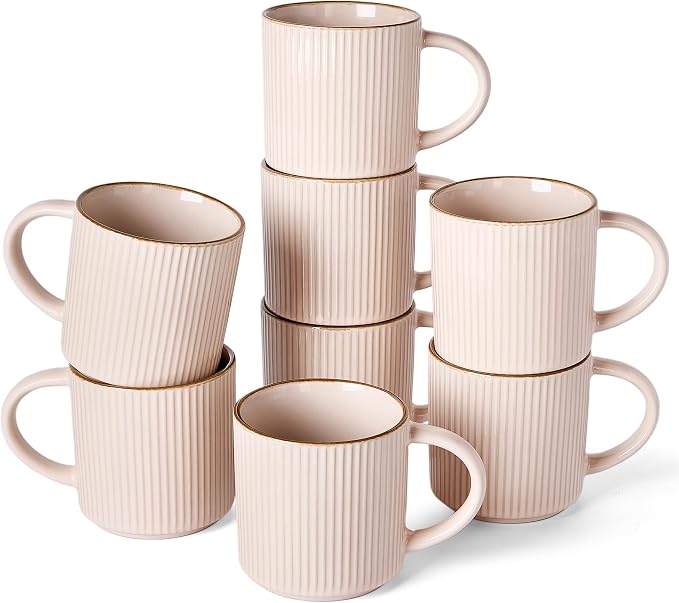 famiware Star Coffee Mug Set for 8, Handcrafted 12 oz Ceramic Stoneware Mugs Cup Set, Chip-Resistant & Stackable, Dishwasher/Microwave Safe, Light Pink by Famiware