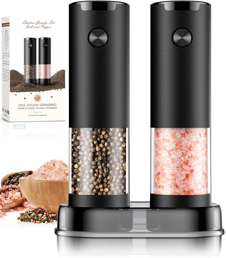 Electric Salt and Pepper Grinder Set Automatic Battery Pepper Mill Shakers Adjustable Coarseness Upgraded Larger Capacity with Led Home and Kitchen Appliances Birthday Gifts for Women Men by ioion