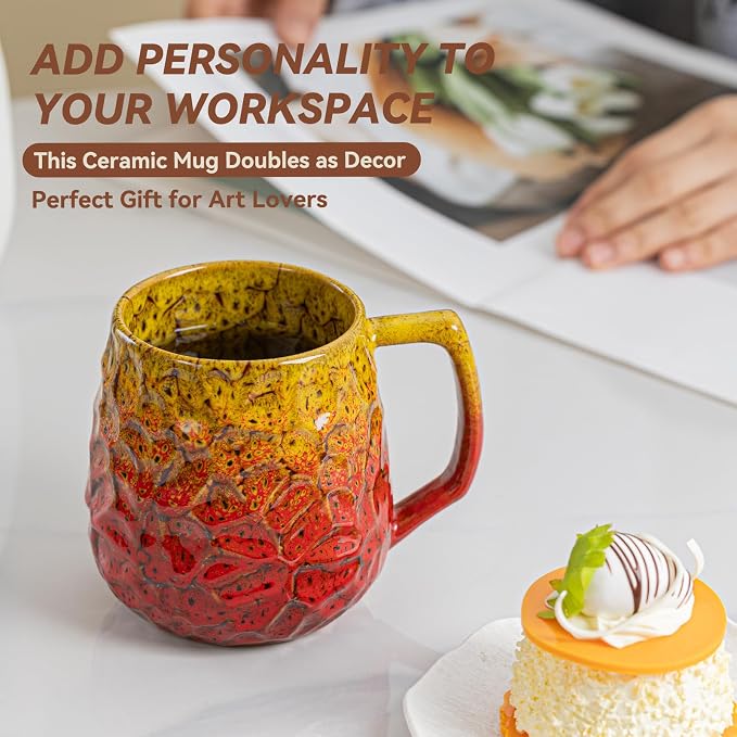 18oz Unique Yellow & Red Kiln-Change Ceramic Coffee Mug, Handcrafted Hammered Texture Ceramic Mug with Ergonomic Handle, Microwave & Dishwasher Safe, Gift for Coffee Lovers, Home Office Daily Use - Image 5