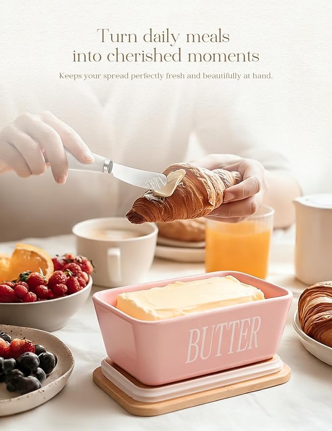 Ceramic Butter Dish with Lid and Knife & Silicone Seal for Countertop Pink | Suitable Capacity, Great Sealing, Home Decor Kitchen Gift Housewarming Gift - Image 5