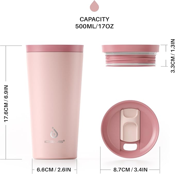 Ideus 17 oz Travel Coffee Mug, Double Wall Vacuum Stainless Steel Insulated Coffee Tumbler With Lid, Splash-Proof & Cup Holder Friendly, Keeps Drinks Hot/Cold, Dishwasher Safe, Blush - Image 8