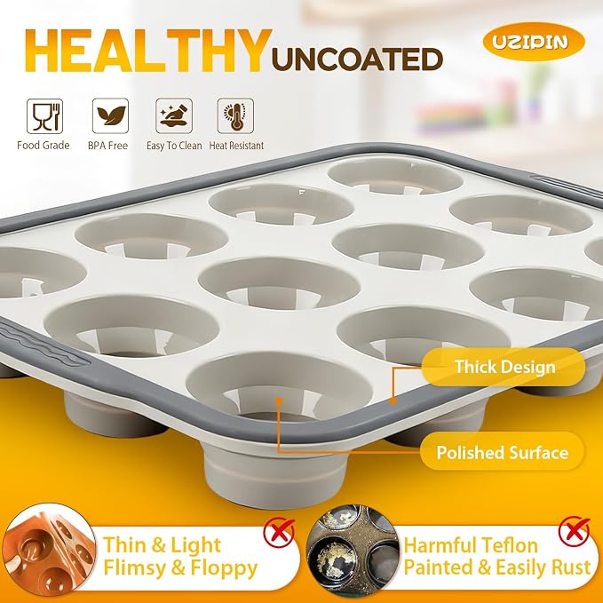 Silicone Muffin Pan, 12 Cups Non-Stick Cupcake Pan, Food-Grade BPA-Free Muffin Tin, Oven-Safe 450 °F, Reinforced Steel Frame, Easy-Grab Handles, Quick-Release 2.3" Baking Molds for Mini Treats - Image 3