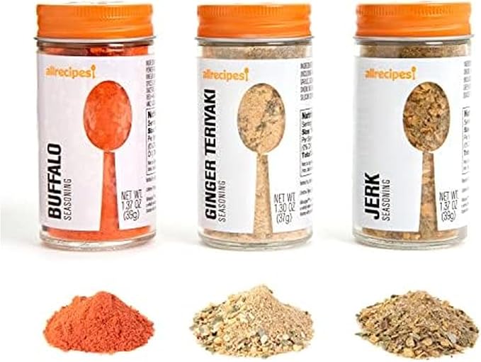 Allrecipes Essential Wings Blends (Buffalo, Ginger Teriyaki, Jerk) in Glass Jars with Removable Sifter Caps for Sprinkling, Set of 3, Clear, 9.63 x 6.13 x 2-Inch by Allrecipes