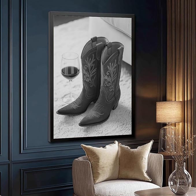Cowboy Boots And Red Wine, Western Aesthetic, Black And White, Modern Fashion Poster Canvas Poster Wall Art Decor Print Picture Paintings for Living Room Bedroom Decoration Black Frame 20x30in(50x75cm - Image 3