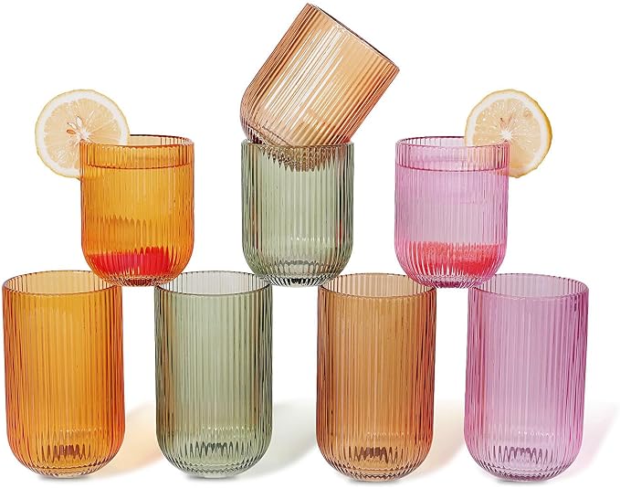 Set of 8 Dopamine-colored-match Ribbed Glassware,4 Highball Glasses 14oz & 4 Rocks Drinking Glasses 9oz, Origami Style, Fluted Design, for Daily use, Water, Cocktail, Whiskey, Kitchen, Gift by WeirdUncle