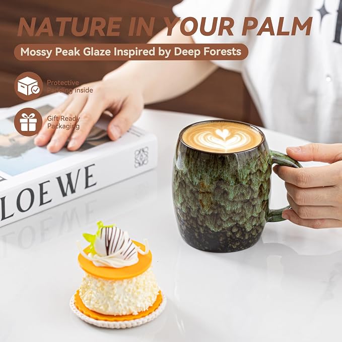 Unique Reactive Glaze Ceramic Coffee Mug - 14 oz Large Coffee Cup with Ergonomic Handle, Forest Green Ceramic Mug for Office & Home, Great Birthday Gift for Women, Men & Friends, Microwave Safe - Image 8