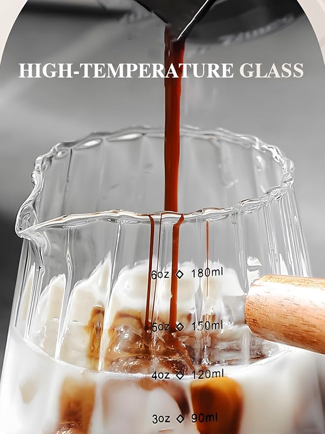 TIWPAJS Espresso Cups 6OZ, Espresso Accessories, Expresso Shots Cup, Espresso Shot Glass with V-Shaped Mouth, Ribbed Milk Frothing Pitcher, Glass Measuring Cup - Image 3